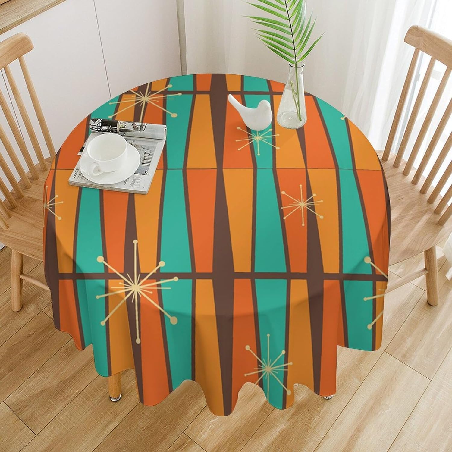 Century Textile & Sewing Supply Avenue C North Saskatoon Sk - Mid-Century Modern Orange-Gelbe Geometrie-Tischdecke, Retro Bunte
